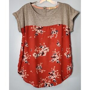 Women's Rewind Top Floral Orange & Heather Gray Sheer Bottom Large EUC